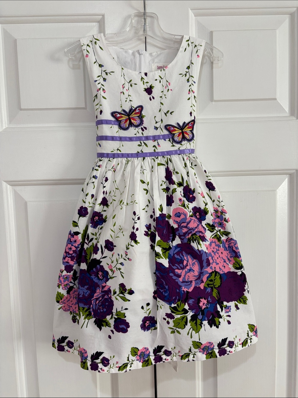 Sunny Fashion White & Purple Floral Girls Dress w:Butterfly Accents Size 4/5